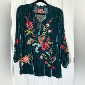 Johnny Was Teal Green Floral Embroidered Velvet Top